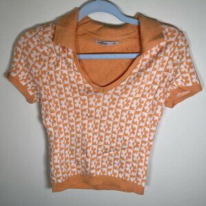 Hollister Orange & White Flower Print Cropped Knit Polo Top